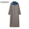 kaduwaki col en velours plaid laine manteau laine patchwork trench pardessus rétro tube droit contraste couleurs mélanges vêtements d'extérieur automne
