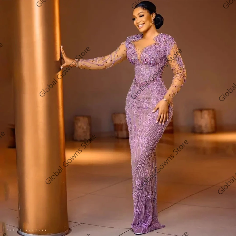 robe de soirée à manches longues pour femmes, aso ebi, perles violettes, appliques, robe d'anniversaire, occasion spéciale, personnalisée, 2024 robe de soirée à manches longues pour femmes, aso ebi, perles violettes, appliques, robe d'anniversaire, occasion spéciale, personnalisée, 2024
