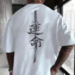 Mode d&rsquo;été japonais samouraï épée imprimer 100% pur coton hommes T-shirt quotidien Sports de plein air décontracté ample rue à manches courtes
