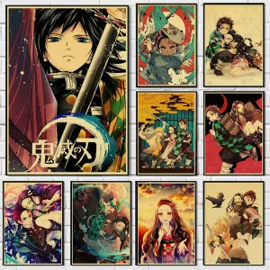 Affiche en toile d&rsquo;art animé japonais Demon Slayer, décoration murale moderne rétro jaunissante adaptée à la décoration de la maison de la pièce