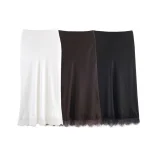 Jupe longue en Satin pour femmes, Simple, ourlet en dentelle, décoration, taille élastique, mi-longue, élégante, Chic, vêtements, nouvelle collection automne 2025 Jupe longue en Satin pour femmes, Simple, ourlet en dentelle, décoration, taille élastique, mi-longue, élégante, Chic, vêtements, nouvelle collection automne 2025