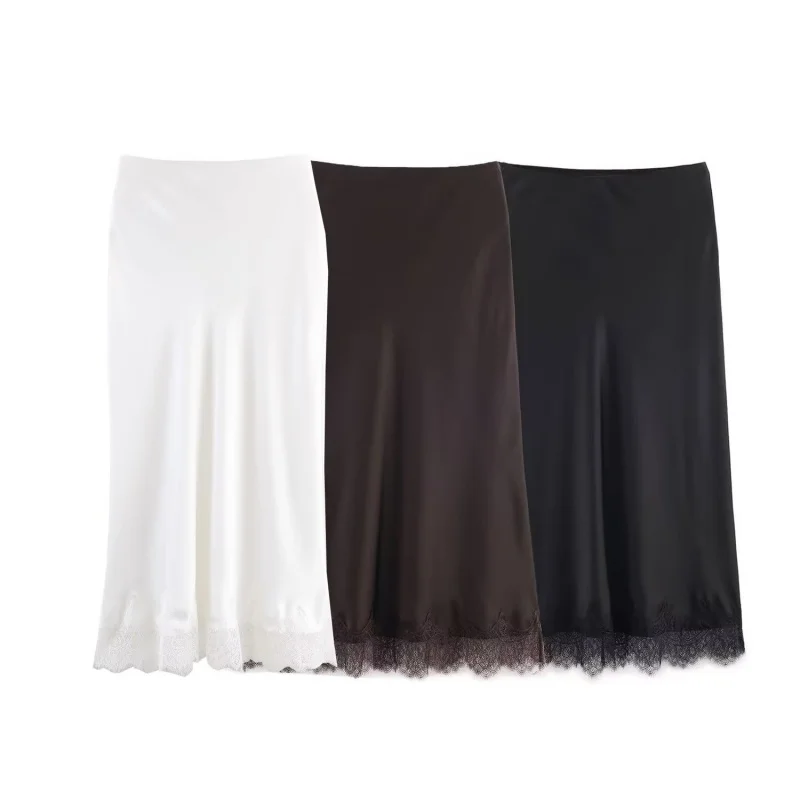 Jupe longue en Satin pour femmes, Simple, ourlet en dentelle, décoration, taille élastique, mi-longue, élégante, Chic, vêtements, nouvelle collection automne 2025 Jupe longue en Satin pour femmes, Simple, ourlet en dentelle, décoration, taille élastique, mi-longue, élégante, Chic, vêtements, nouvelle collection automne 2025