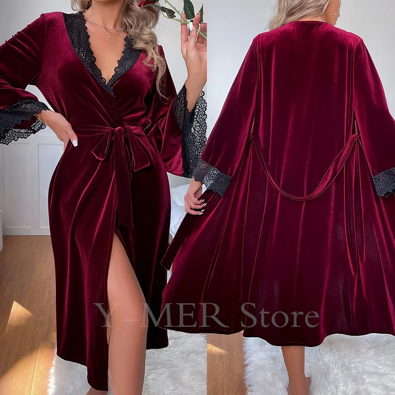 Robe longue en velours à lacets pour femmes, vêtements de nuit Sexy, bordeaux, Kimono, peignoir, Lingerie intime, vêtements de maison, nouvelle collection automne Robe longue en velours à lacets pour femmes, vêtements de nuit Sexy, bordeaux, Kimono, peignoir, Lingerie intime, vêtements de maison, nouvelle collection automne