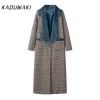 kaduwaki col en velours plaid laine manteau laine patchwork trench pardessus rétro tube droit contraste couleurs mélanges vêtements d'extérieur automne