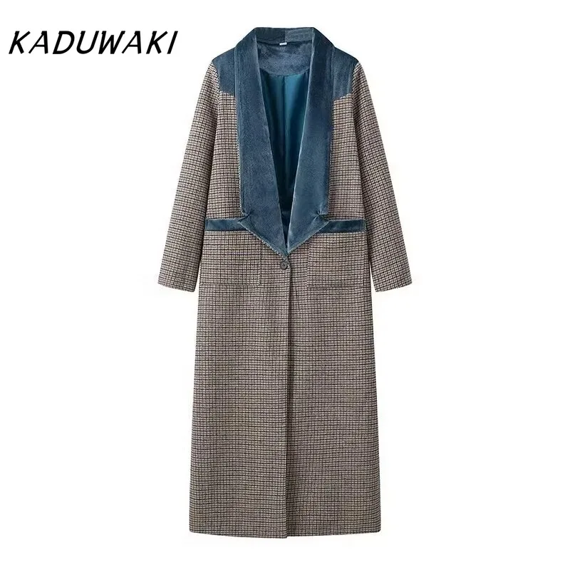 kaduwaki col en velours plaid laine manteau laine patchwork trench pardessus rétro tube droit contraste couleurs mélanges vêtements d'extérieur automne kaduwaki col en velours plaid laine manteau laine patchwork trench pardessus rétro tube droit contraste couleurs mélanges vêtements d'extérieur automne