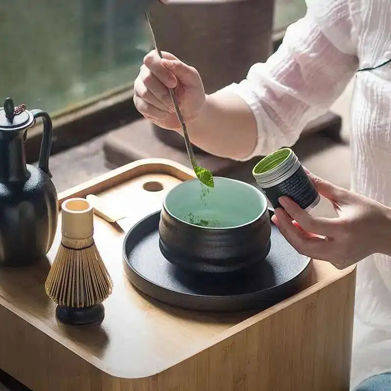 Élégant brut mat noir céramique chawan four émaillé à la main japonais matcha bol bambou fouet support cuillère Élégant brut mat noir céramique chawan four émaillé à la main japonais matcha bol bambou fouet support cuillère