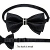 noeud papillon pré attaché noir uni avec demi anneau en diamant, ensemble de boutons de manchette carrés de poche à la mode, fête d'affaires, nœud papillon de luxe pour hommes
