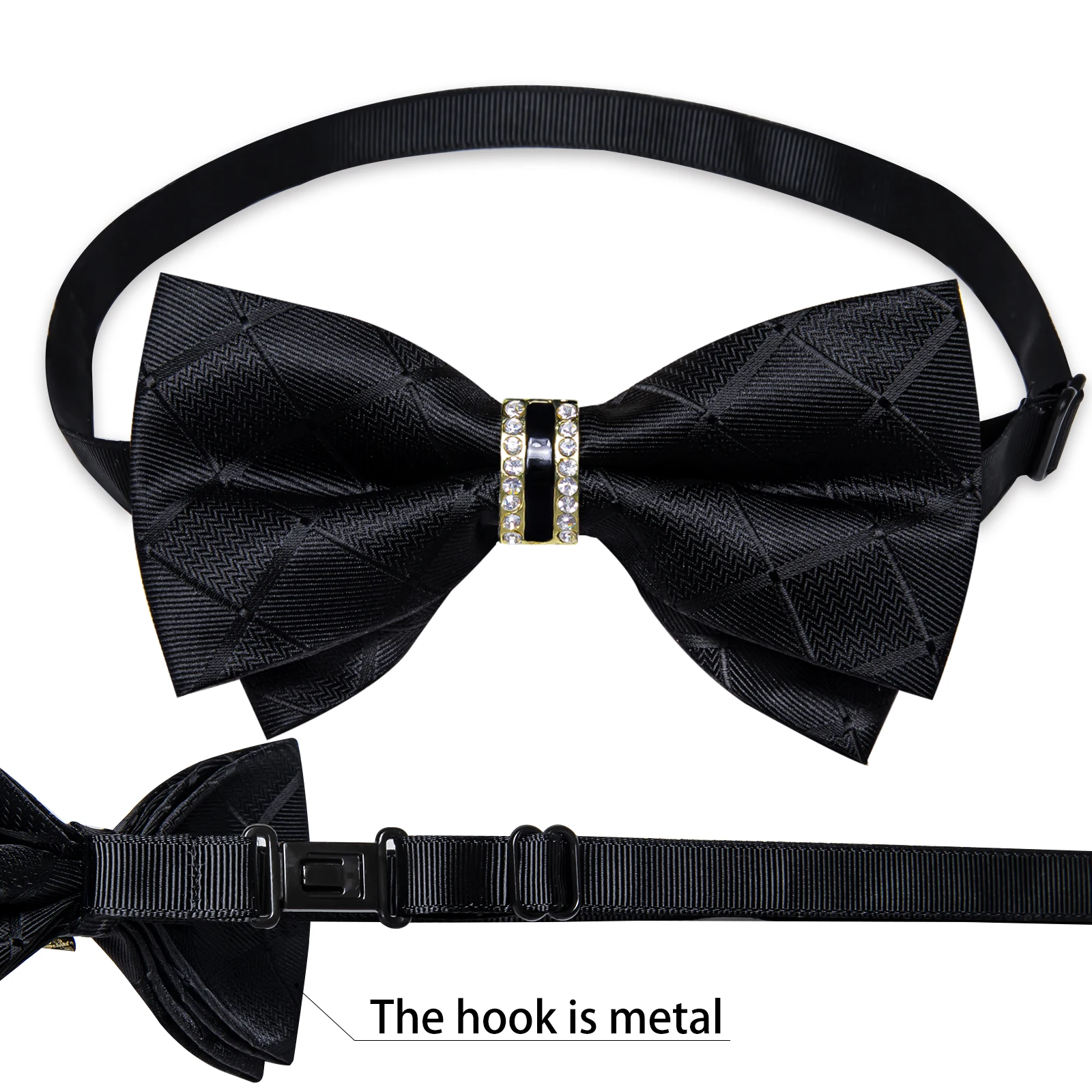 noeud papillon pré attaché noir uni avec demi anneau en diamant, ensemble de boutons de manchette carrés de poche à la mode, fête d'affaires, nœud papillon de luxe pour hommes noeud papillon pré attaché noir uni avec demi anneau en diamant, ensemble de boutons de manchette carrés de poche à la mode, fête d'affaires, nœud papillon de luxe pour hommes