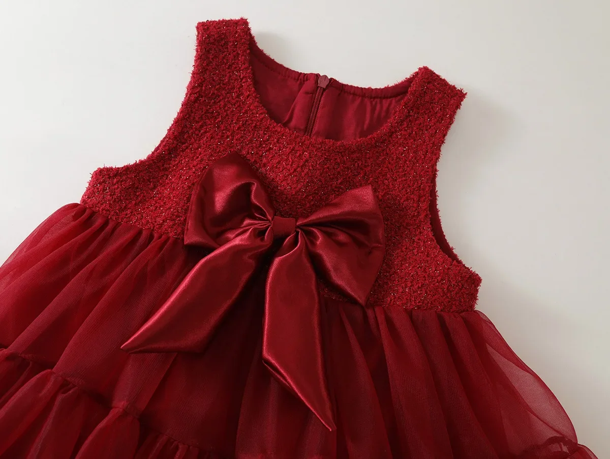 robe en tulle rouge pour filles, gilet sans manches avec nœud superposé, corsage à paillettes, tenue formelle pour enfants, nouvelle collection automne 2025 robe en tulle rouge pour filles, gilet sans manches avec nœud superposé, corsage à paillettes, tenue formelle pour enfants, nouvelle collection automne 2025