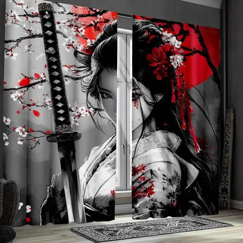 rideaux imprimés de fille samouraï japonaise, rideaux de sac en poteau, chambre et salon, décoration de la maison, décoration de la pièce rideaux imprimés de fille samouraï japonaise, rideaux de sac en poteau, chambre et salon, décoration de la maison, décoration de la pièce