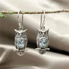 Boucles d&rsquo;oreilles Vintage en métal couleur argent, hibou sculpté, rondeur d&rsquo;originalité incrustée, pierre bleue de mer