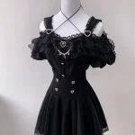 Ensemble de robe à nœud Style Lolita japonais Kawaii pour femmes, rétro, dentelle douce, épaules dénudées, chemise gothique Y2k, Mini jupe gâteau, costume pour filles
