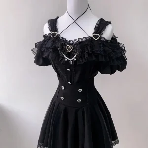 Ensemble de robe à nœud Style Lolita japonais Kawaii pour femmes, rétro, dentelle douce, épaules dénudées, chemise gothique Y2k, Mini jupe gâteau, costume pour filles