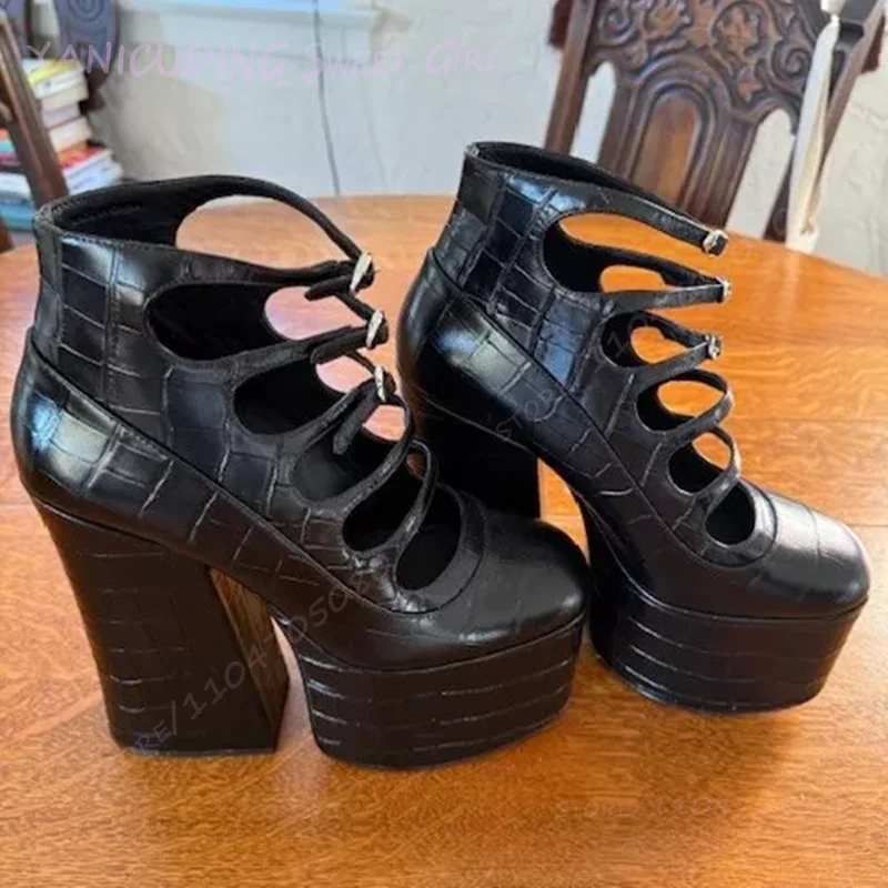 sandales noires à plateforme épaisse et talon bloc pour filles, chaussures de danse décontractées mates à lanières creuses, motif blanc, boucle à la cheville, bout rond sandales noires à plateforme épaisse et talon bloc pour filles, chaussures de danse décontractées mates à lanières creuses, motif blanc, boucle à la cheville, bout rond