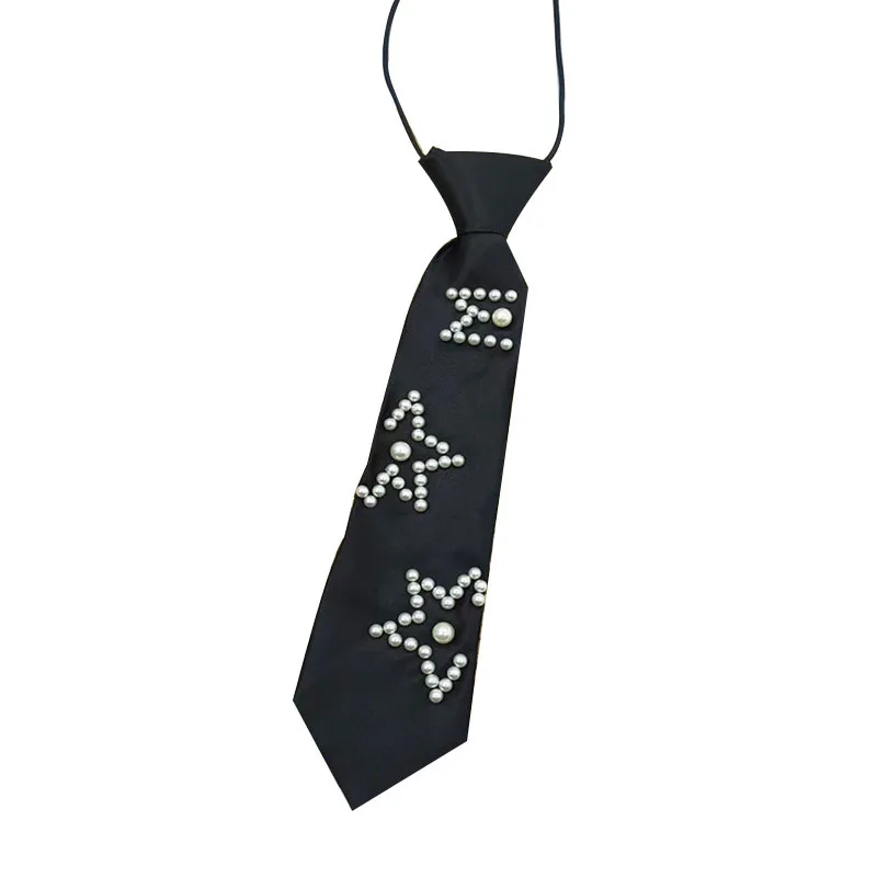 cravate shortie noire pour enfants, pré nouée de perles de fleurs décorées, cravate de chemise polyvalente, accessoire à la mode de style scolaire pour enfants cravate shortie noire pour enfants, pré nouée de perles de fleurs décorées, cravate de chemise polyvalente, accessoire à la mode de style scolaire pour enfants