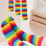 Chaussettes pour femmes arc-en-ciel rayé cinq doigts bout fendu coton mi-tube chaussettes lignes colorées Simple sport drôle bas en gros