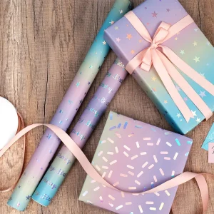 Ensemble de rouleaux de papier d’emballage holographique, emballage cadeau en feuille arc-en-ciel brillant irisé avec points, confettis et lettrage joyeux anniversaire Ensemble de rouleaux de papier d’emballage holographique, emballage cadeau en feuille arc-en-ciel brillant irisé avec points, confettis et lettrage joyeux anniversaire