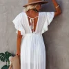robe de plage longue à lacets pour femmes, cover up pour bikini, couleur unie, col en v, kimono, anti soleil, jupe sarong bohème, été, 2024