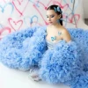 incroyable bleu ciel volumineux tulle longues vestes volants garni tulle manches longues femmes gilet vêtements d'extérieur tenue maxi robe personnalisée