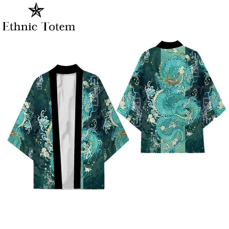 kimono dragon de style chinois avec motif imprimé vert, vêtements traditionnels japonais, vestes d'été décontractées, cardigan haori entremi kimono dragon de style chinois avec motif imprimé vert, vêtements traditionnels japonais, vestes d'été décontractées, cardigan haori entremi