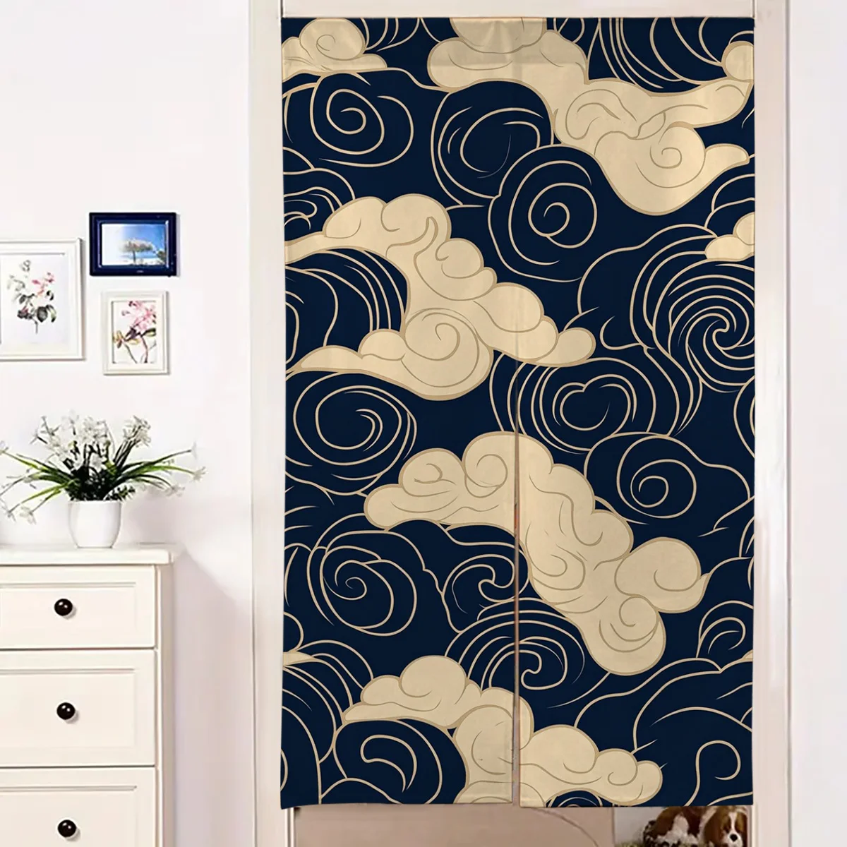 rideau de porte nordique japonais occultant en lin, motif ondulé bleu blanc, pour entrée, cuisine, salle de bains, chambre à coucher, couloir, décoration de maison rideau de porte nordique japonais occultant en lin, motif ondulé bleu blanc, pour entrée, cuisine, salle de bains, chambre à coucher, couloir, décoration de maison