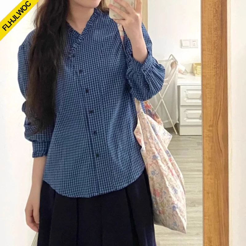 Hauts en coton chemisiers japon filles mignon doux Style Preppy à manches longues volants col en V bleu rose bouton rétro Vintage chemises à carreaux Hauts en coton chemisiers japon filles mignon doux Style Preppy à manches longues volants col en V bleu rose bouton rétro Vintage chemises à carreaux