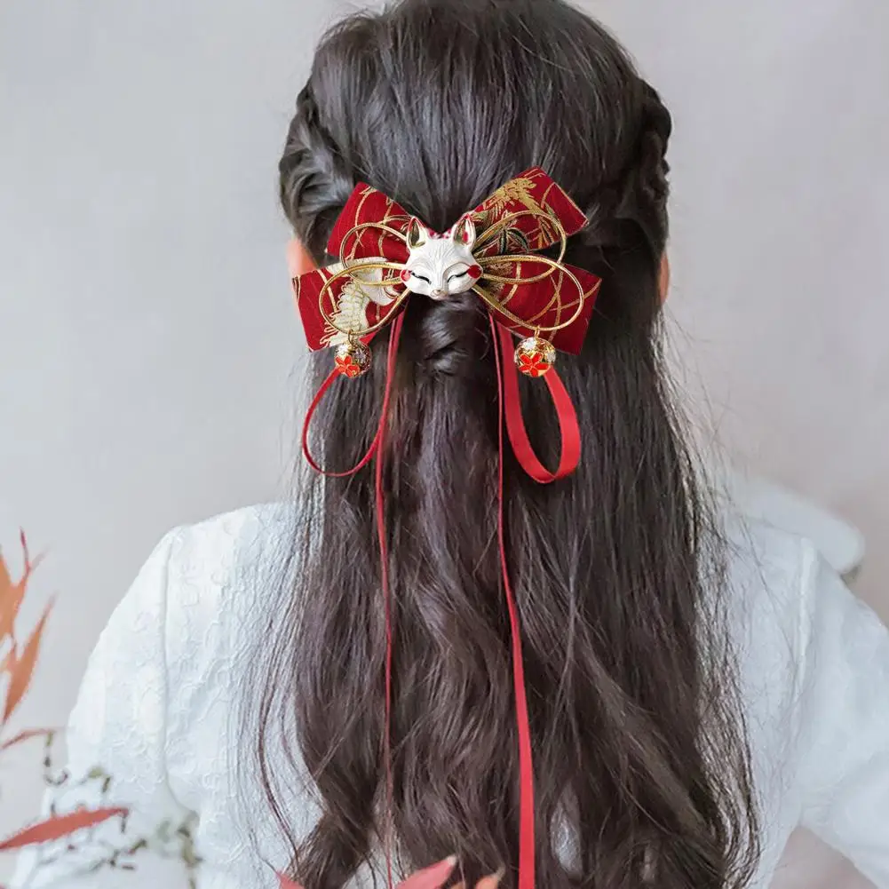 Épingle à cheveux à nœud rouge avec glands, décor de renard, long ruban, style célébration du nouvel an chinois, pince à cheveux avec nœud de dessin animé, accessoire pour cheveux Épingle à cheveux à nœud rouge avec glands, décor de renard, long ruban, style célébration du nouvel an chinois, pince à cheveux avec nœud de dessin animé, accessoire pour cheveux