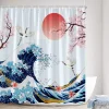 rideau de douche de style japonais, poisson koi, fleur de cerisier, soleil, vague de mer, poulpe, paysage, rideaux en tissu polyester, décor de salle de bains