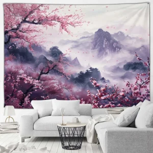 Tapisserie de paysage japonais, fleurs de cerisier roses, montagne brumeuse, paysage asiatique, décoration murale pour la maison, le salon et la chambre à coucher