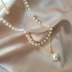 Nouveaux bijoux Vintage couleur or perle collier de perles femmes Double chaînes perle pendentif tour de cou mode coréenne collier bijoux Nouveaux bijoux Vintage couleur or perle collier de perles femmes Double chaînes perle pendentif tour de cou mode coréenne collier bijoux