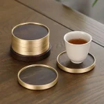 Accessoires de thé, dessous de verre en bois massif d’ébène, porte-gobelet de thé Portable antidérapant, tapis rond en bois Anti-brûlure en laiton pour le bureau Accessoires de thé, dessous de verre en bois massif d’ébène, porte-gobelet de thé Portable antidérapant, tapis rond en bois Anti-brûlure en laiton pour le bureau