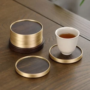 Accessoires de thé, dessous de verre en bois massif d&rsquo;ébène, porte-gobelet de thé Portable antidérapant, tapis rond en bois Anti-brûlure en laiton pour le bureau