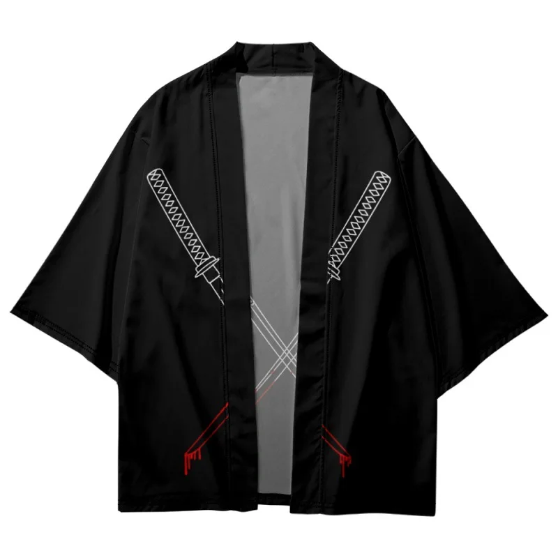 Été ample mode japonaise couteau de samouraï imprimé kimono streetwear cardigan robe femmes hommes haori haut yukata Été ample mode japonaise couteau de samouraï imprimé kimono streetwear cardigan robe femmes hommes haori haut yukata