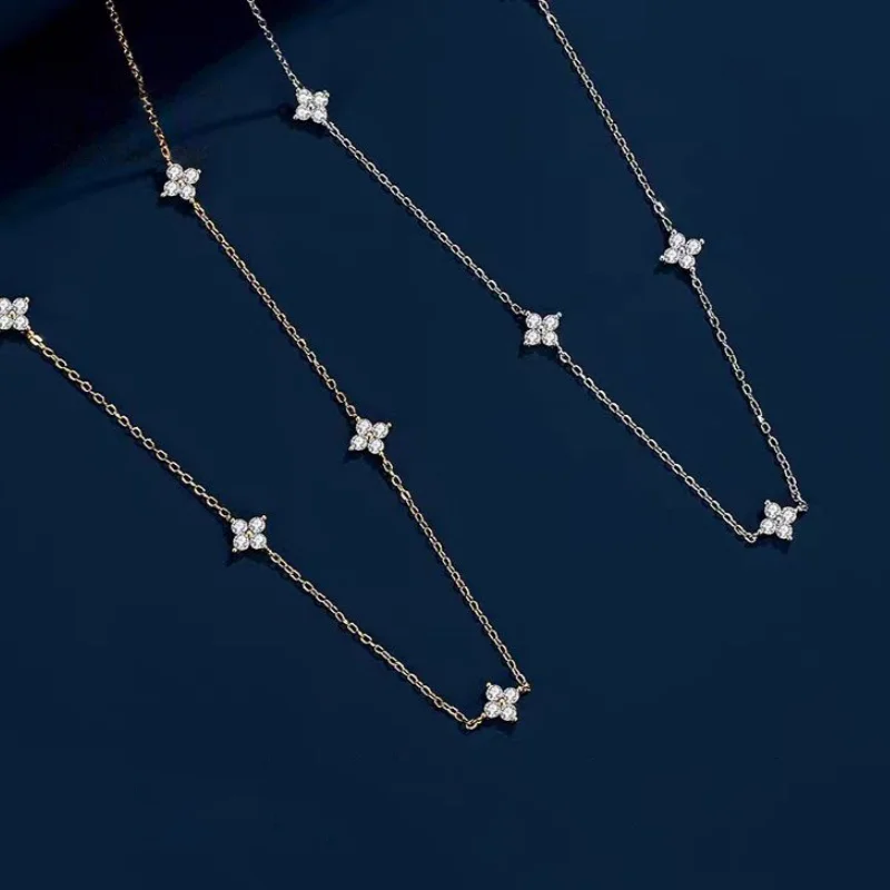 magnifique collier chaîne en zircon incrusté de fleurs à quatre feuilles pour femmes, élégant ras du cou porte bonheur, bijoux de fête, cadeaux d'anniversaire magnifique collier chaîne en zircon incrusté de fleurs à quatre feuilles pour femmes, élégant ras du cou porte bonheur, bijoux de fête, cadeaux d'anniversaire
