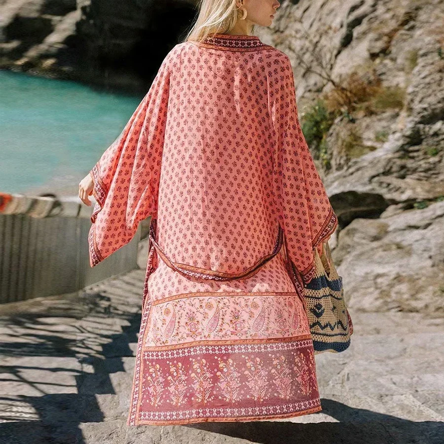 ayualin kimono à imprimé floral rose pour femme, robe longue, cardigan en coton rayonne, blouse de plage boho et chemise d'Été, 2024 ayualin kimono à imprimé floral rose pour femme, robe longue, cardigan en coton rayonne, blouse de plage boho et chemise d'Été, 2024
