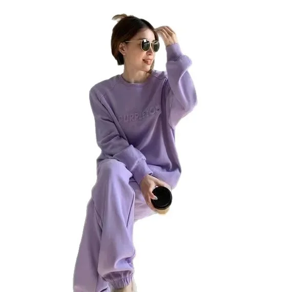 ensemble sportif violet décontracté pour femmes, nouvelle mode printemps automne 2021, sweat shirt ample, pantalon long, ensemble deux pièces, atmosphère élégante ensemble sportif violet décontracté pour femmes, nouvelle mode printemps automne 2021, sweat shirt ample, pantalon long, ensemble deux pièces, atmosphère élégante