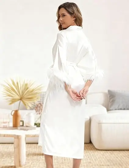 robe de mariée pour le jour de mariage, avec plumes, longue, kimono en satin, pour enterrement de vie de jeune fille, tenues prêtes robe de mariée pour le jour de mariage, avec plumes, longue, kimono en satin, pour enterrement de vie de jeune fille, tenues prêtes