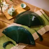 Éventail pliable portable de 21cm, style chinois rétro série verte dégradé de fleurs de cerisier pour danse quotidienne cheongsam