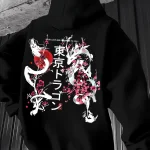 Sweat à capuche Dragon noir pour hommes avec imprimé fleur de cerisier japonais, pull Streetwear Dragon Tokyo pour la chance