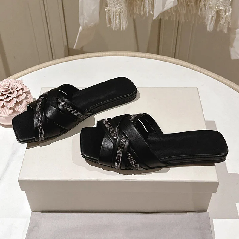 2025 fond plat bout carré pantoufles en cuir véritable chaîne perle décor paresseux sandales dames été loisirs de plein air vacances chaussures 2025 fond plat bout carré pantoufles en cuir véritable chaîne perle décor paresseux sandales dames été loisirs de plein air vacances chaussures