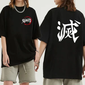 T-shirt Anime Demon Slayer Kimetsu no Yaiba pour hommes, imprimé japonais avant et arrière, chemise streetwear en coton noir pour cosplay