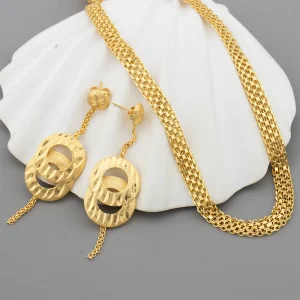 Ensemble collier et boucles d&rsquo;oreilles de dubaï, couleur or africain, ensembles de bijoux à la mode, fête de mariage, ensembles de bijoux de luxe éthiopiens pour femmes