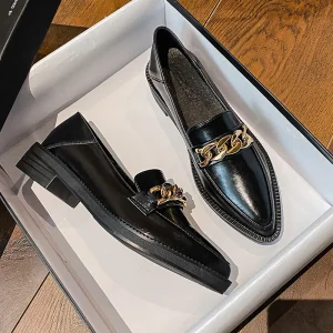 Baskets décontractées en cuir véritable pour femmes, chaussures à bouche peu profonde, mocassins à bout pointu, sabots en fourrure, chaussures d&rsquo;automne pour femmes