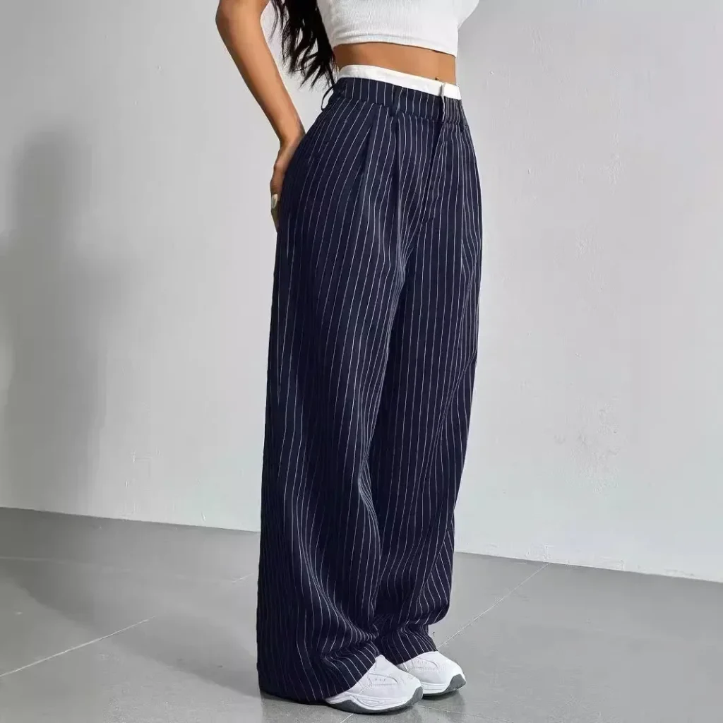 Pantalon pleine longueur imprimé à rayures pour femmes, taille haute, mode décontractée Y2K, ample, jambes larges Pantalon pleine longueur imprimé à rayures pour femmes, taille haute, mode décontractée Y2K, ample, jambes larges