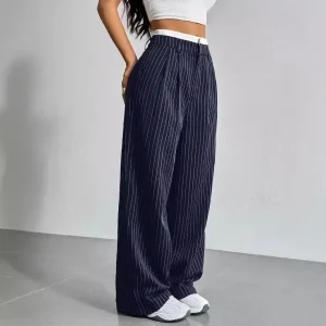 Pantalon pleine longueur imprimé à rayures pour femmes, taille haute, mode décontractée Y2K, ample, jambes larges Pantalon pleine longueur imprimé à rayures pour femmes, taille haute, mode décontractée Y2K, ample, jambes larges