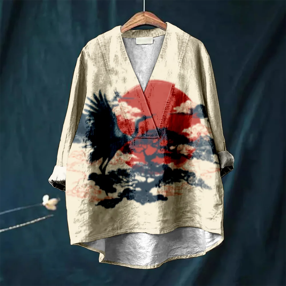 harajuku japonais grue imprimé femmes décontracté col en v chemise rétro floral kimono blouse hipster vintage chemises été confortable hauts harajuku japonais grue imprimé femmes décontracté col en v chemise rétro floral kimono blouse hipster vintage chemises été confortable hauts