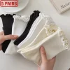 Lot de 5 paires chaussettes femmes en lot chaussettes blanches de chaussettes à volants en coton pour femme, tube moyen, court, respirant, noir, blanc, ensemble printemps automne