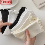 Lot de 5 paires chaussettes femmes en lot chaussettes blanches de chaussettes à volants en coton pour femme, tube moyen, court, respirant, noir, blanc, ensemble printemps automne Lot de 5 paires chaussettes femmes en lot chaussettes blanches de chaussettes à volants en coton pour femme, tube moyen, court, respirant, noir, blanc, ensemble printemps automne