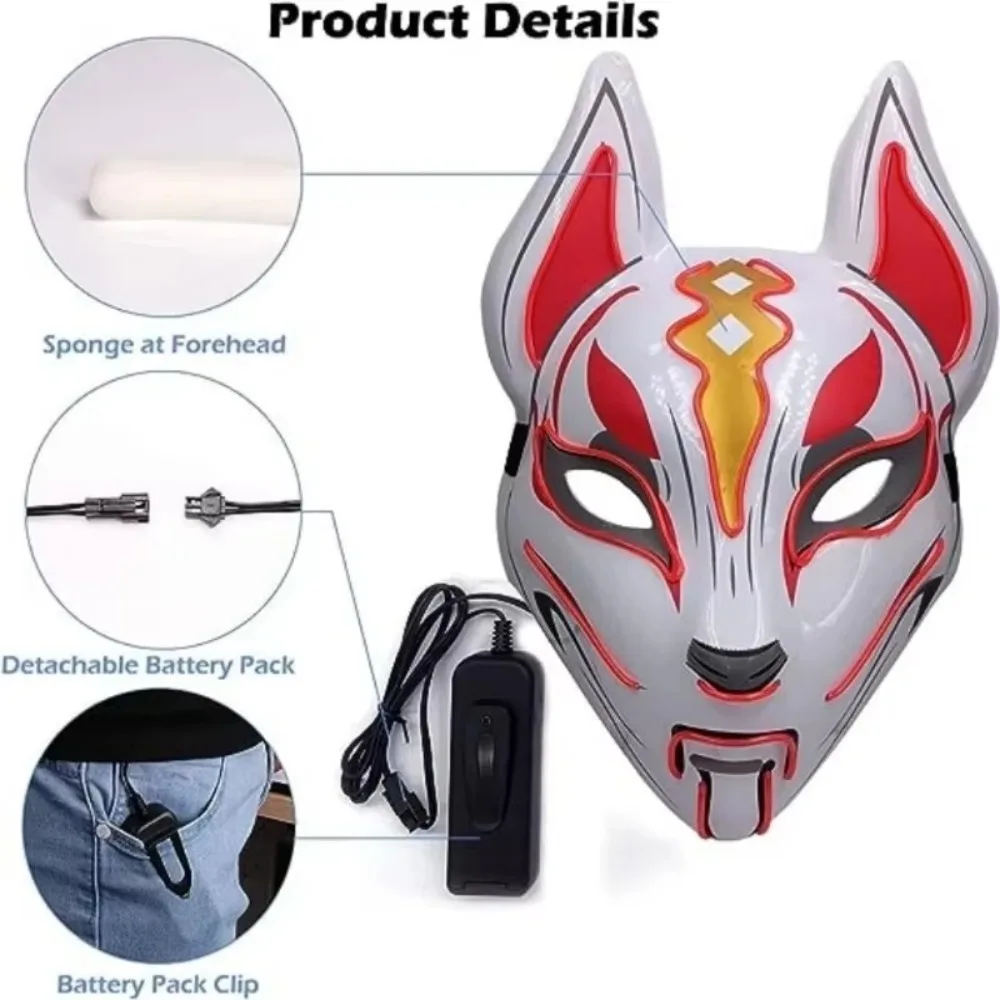 masque de renard japonais à lumière led néon, costume d'halloween, accessoires de ixde brevcosplay masque de renard japonais à lumière led néon, costume d'halloween, accessoires de ixde brevcosplay
