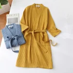 Été mince 100% coton gaufré robes femmes long kimono hôtel Simple peignoirs couleur pure SPA robes grande taille 00223